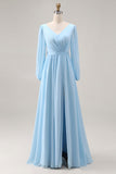 Vestido de invitado de boda azul celeste, escote en V y manga larga y rastro, con abertura