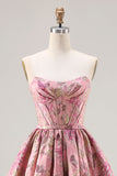 Corsé rosa Jacquard sin tirantes Princess Floral Long Long Ball Dress con encaje en la espalda