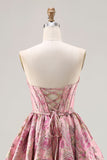 Corsé rosa Jacquard sin tirantes Princess Floral Long Long Ball Dress con encaje en la espalda