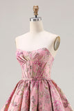 Corsé rosa Jacquard sin tirantes Princess Floral Long Long Ball Dress con encaje en la espalda