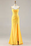Corsé amarillo con brillante, cordón con cuentas de sirena, encaje en la espalda, vestido largo de graduación con abertura
