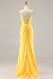 Corsé amarillo con brillante, cordón con cuentas de sirena, encaje en la espalda, vestido largo de graduación con abertura