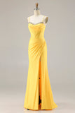 Corsé amarillo con brillante, cordón con cuentas de sirena, encaje en la espalda, vestido largo de graduación con abertura