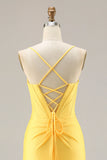 Corsé amarillo con brillante, cordón con cuentas de sirena, encaje en la espalda, vestido largo de graduación con abertura