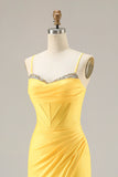 Corsé amarillo con brillante, cordón con cuentas de sirena, encaje en la espalda, vestido largo de graduación con abertura