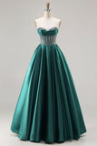 Vestido largo de baile de graduación con corsé de cuentas de princesa verde oscuro
