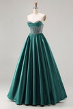 Vestido largo de baile de graduación con corsé de cuentas de princesa verde oscuro