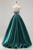 Vestido largo de baile de graduación con corsé de cuentas de princesa verde oscuro
