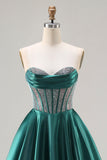 Vestido largo de baile de graduación con corsé de cuentas de princesa verde oscuro