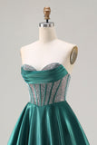 Vestido largo de baile de graduación con corsé de cuentas de princesa verde oscuro