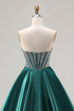 Vestido largo de baile de graduación con corsé de cuentas de princesa verde oscuro