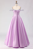 Corsé de cuentas con líneas en A de hombros descubiertos, morado claro y con cuentas, vestido largo de baile