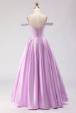 Corsé de cuentas con líneas en A de hombros descubiertos, morado claro y con cuentas, vestido largo de baile