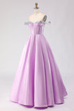 Corsé de cuentas con líneas en A de hombros descubiertos, morado claro y con cuentas, vestido largo de baile
