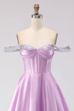 Corsé de cuentas con líneas en A de hombros descubiertos, morado claro y con cuentas, vestido largo de baile