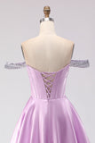 Corsé de cuentas con líneas en A de hombros descubiertos, morado claro y con cuentas, vestido largo de baile