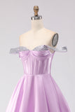 Corsé de cuentas con líneas en A de hombros descubiertos, morado claro y con cuentas, vestido largo de baile