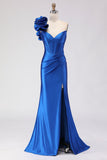 Vestido de baile de graduación largo de baile de sirena azul azul con cuentas y un solo hombro