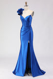Vestido de baile de graduación largo de baile de sirena azul azul con cuentas y un solo hombro