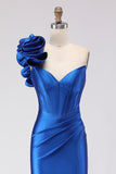 Vestido de baile de graduación largo de baile de sirena azul azul con cuentas y un solo hombro