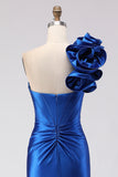 Vestido de baile de graduación largo de baile de sirena azul azul con cuentas y un solo hombro