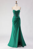 Corsé de Sirena con cuentas verde oscuro con purpurina y vestido largo de graduación con abertura