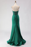 Corsé de Sirena con cuentas verde oscuro con purpurina y vestido largo de graduación con abertura