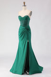 Corsé de Sirena con cuentas verde oscuro con purpurina y vestido largo de graduación con abertura