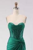 Corsé de Sirena con cuentas verde oscuro con purpurina y vestido largo de graduación con abertura