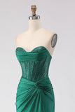Corsé de Sirena con cuentas verde oscuro con purpurina y vestido largo de graduación con abertura