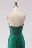 Corsé de Sirena con cuentas verde oscuro con purpurina y vestido largo de graduación con abertura