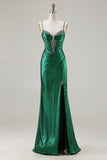 Vestido largo de baile de sirena de corsé verde oscuro con cuentas y corte