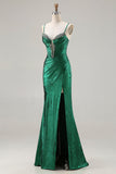 Vestido largo de baile de sirena de corsé verde oscuro con cuentas y corte