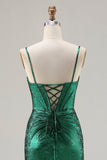 Vestido largo de baile de sirena de corsé verde oscuro con cuentas y corte