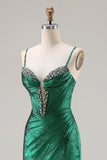 Vestido largo de baile de sirena de corsé verde oscuro con cuentas y corte