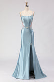 Corsé de sirena gris, azul, encaje con cuentas en la espalda y vestido largo de graduación con abertura