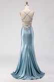Corsé de sirena gris, azul, encaje con cuentas en la espalda y vestido largo de graduación con abertura