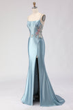 Corsé de sirena gris, azul, encaje con cuentas en la espalda y vestido largo de graduación con abertura
