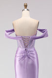Vestido largo de graduación con corsé morado sirena con cuentas y hombros descubiertos