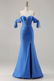 Corsé de sirena azul real descubierto, vestido largo de satén y abertura
