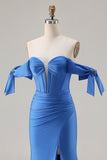 Corsé de sirena azul real descubierto, vestido largo de satén y abertura