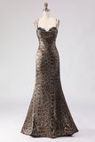 Vestido largo de baile de graduación con corsé de sirena leopardo caqui y encaje en la espalda