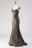 Vestido largo de baile de graduación con corsé de sirena leopardo caqui y encaje en la espalda