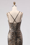 Vestido largo de baile de graduación con corsé de sirena leopardo caqui y encaje en la espalda