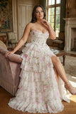 Vestido de graduación de graduación largo de talla grande de talla rosa corsé floral corsé en forma de A, talla grande y abertura