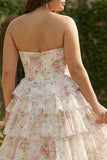 Vestido de graduación de graduación largo de talla grande de talla rosa corsé floral corsé en forma de A, talla grande y abertura