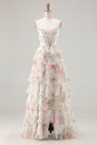 Corsé rosa floral Sweetheart Dress de graduación largo en línea A con abertura