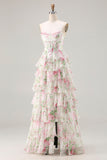 Corsé rosa floral Sweetheart Dress de graduación largo en línea A con abertura