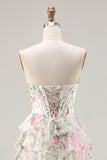Corsé rosa floral Sweetheart Dress de graduación largo en línea A con abertura