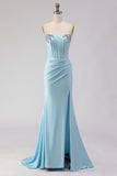 Corsé de sirena azul cielo con cuentas y tirantes, vestido largo de graduación con abertura